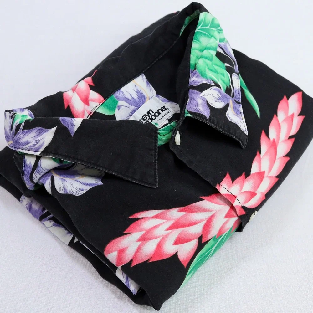 Vintage Reyn Spooner Hawaiian Shirt Mens L Black Floral Rayon Aloha Camp USA‎